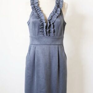 Banana Republic NWT Slate Gray Ruffle V-Neck Sheath Dress Size 4 Pockets 37"
